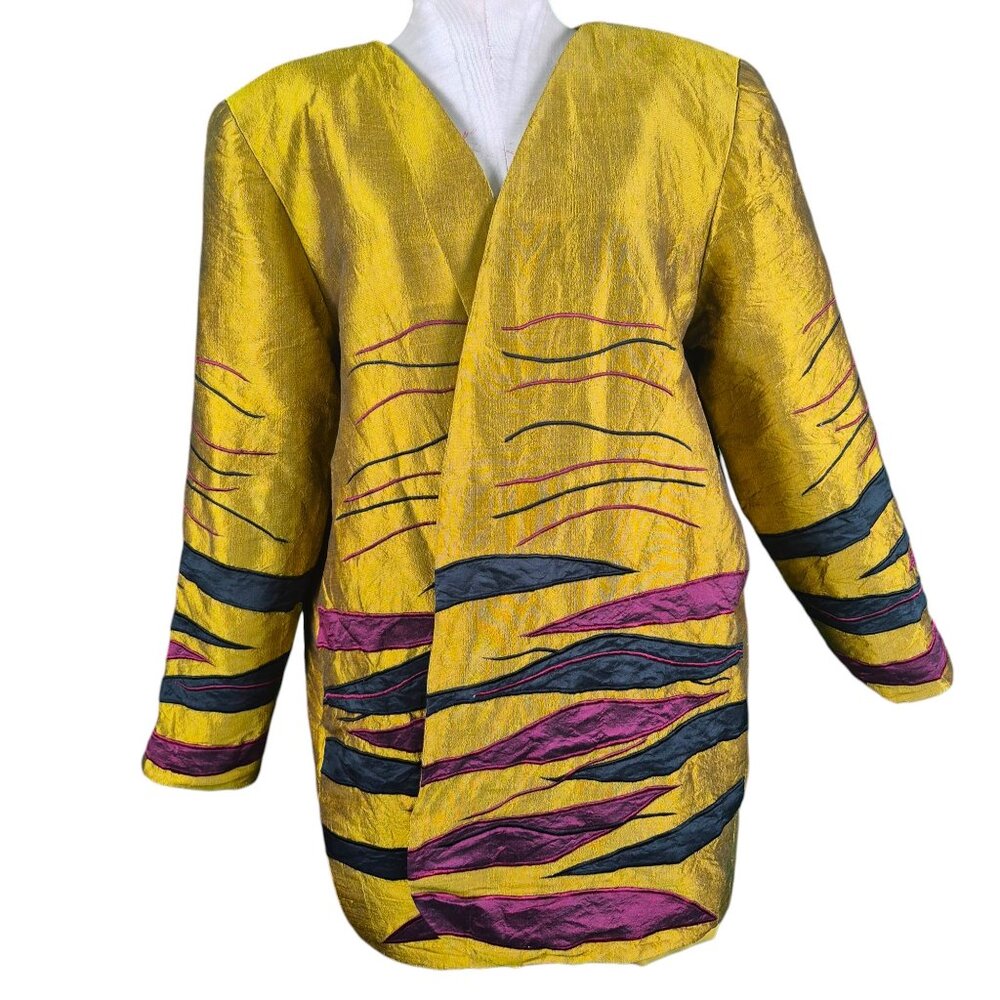 Vintage Thai Silk Blazer in Gold with Plum and Black Tiger Stripe Accent XXL